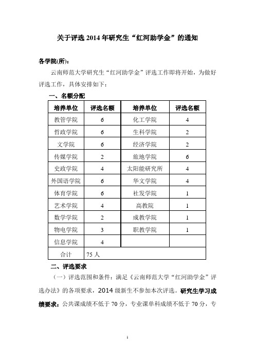 关于评选2014年研究生“红河助学金”的通知