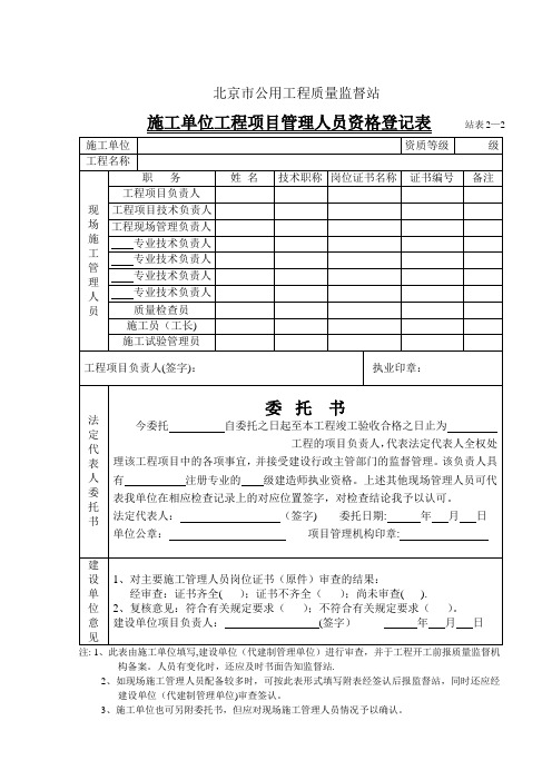 施工单位工程项目管理人员资格登记表