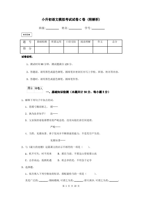 小升初语文模拟考试试卷C卷 (附解析)