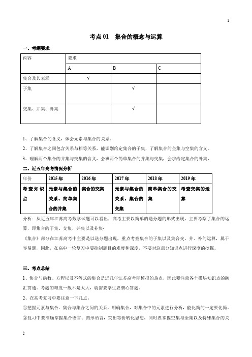 2020年高考数学五年真题与三年模拟考点分类解读(江苏版)01 集合的概念与运算(原卷版)