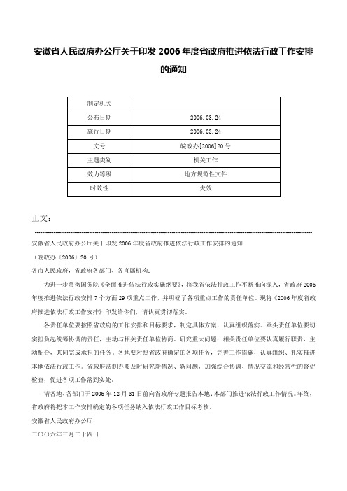 安徽省人民政府办公厅关于印发2006年度省政府推进依法行政工作安排的通知-皖政办[2006]20号