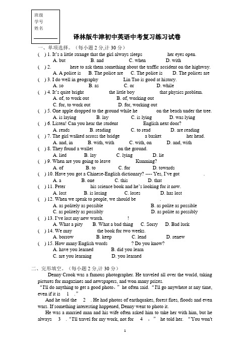 译林版牛津初中英语中考复习练习试卷