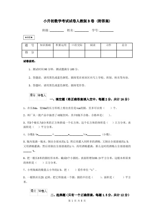 小升初数学考试试卷人教版B卷 (附答案)