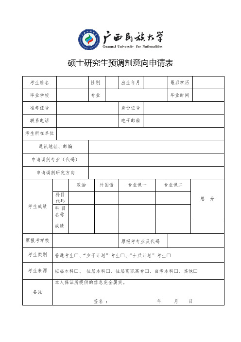 硕士研究生预调剂意向申请表