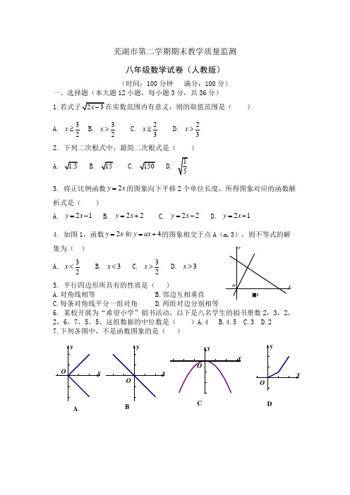 安徽省芜湖市度第二学期期末教学质量监测八年级数学试卷及参考答案