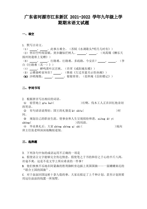 广东省河源市江东新区2021-2022学年九年级上学期期末语文试题