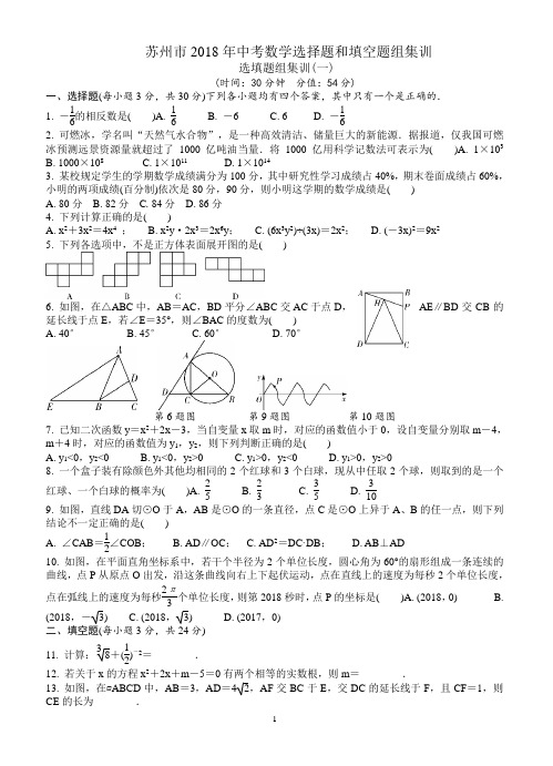 苏州市2018年中考选择题和填空题组集训有答案(集训1～集训8)-(数学)