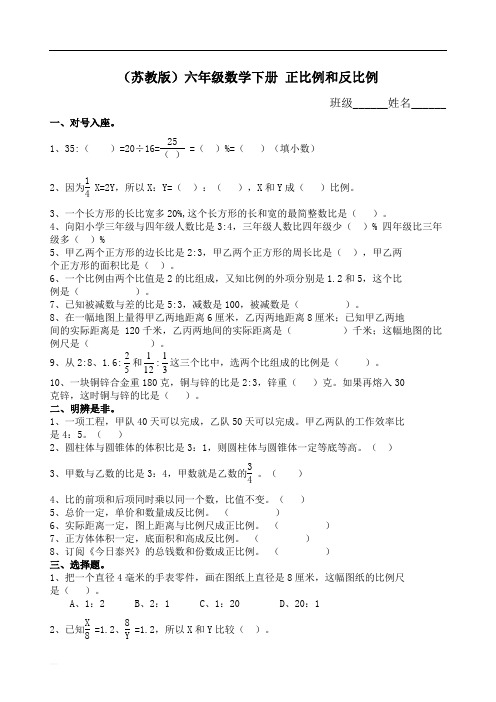 苏教版数学六年级下册课课练(含答案)正比例和反比例同步练习1