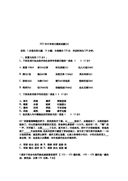 2013年河南省中招考试语文全真模拟试卷及答案