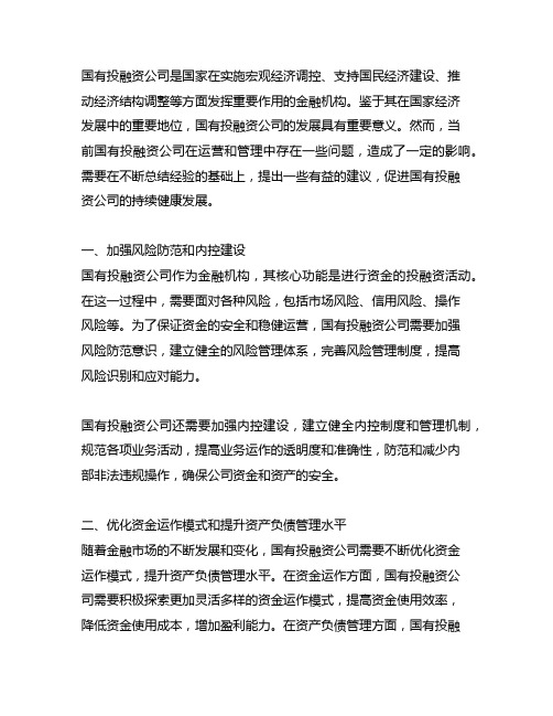 国有投融资公司发展的意见建议