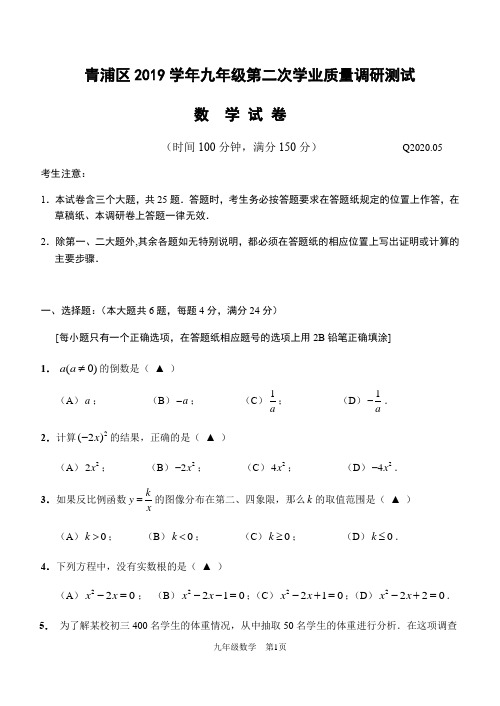 2019-2020学年上海市青浦区九年级第二学期(二模)考试数学试卷(含答案)