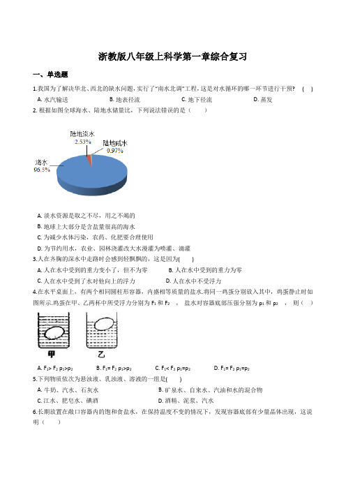 浙教版八年级上科学第一章水和水的溶液 综合训练含答案