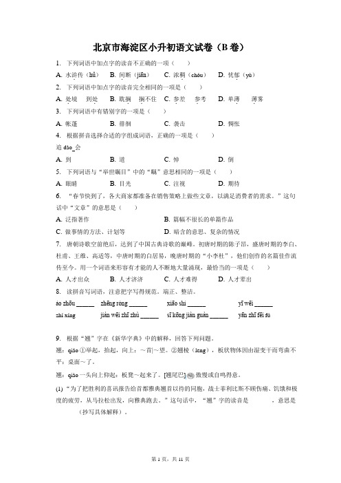 最新整理北京市海淀区小升初语文试卷(B卷)和答案解析