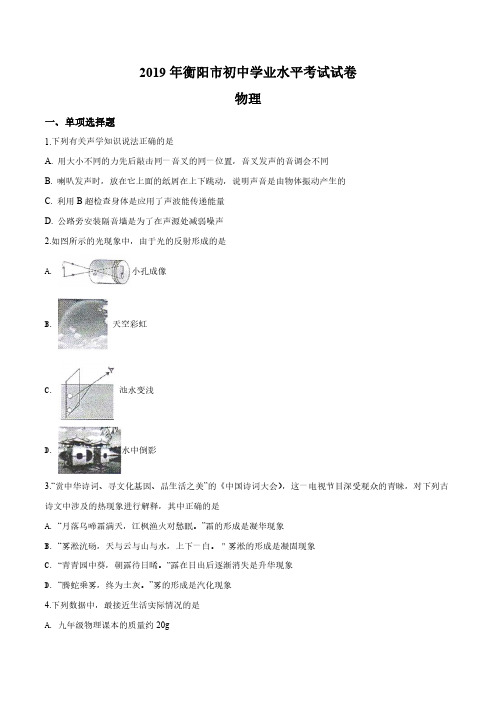 2019年湖南省衡阳市中考试物理试题(原卷)