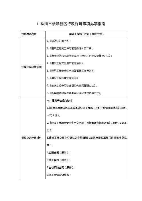 珠海市横琴新区行政许可事项办事指南