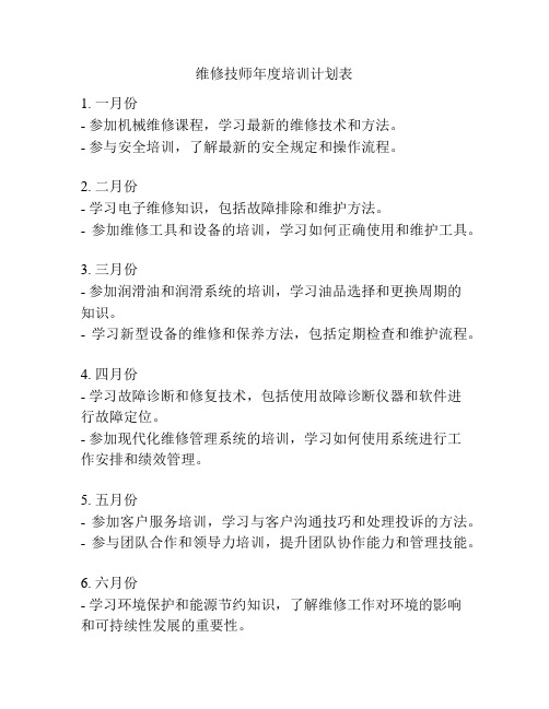 维修技师年度培训计划表