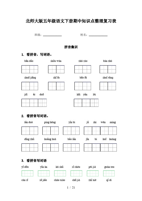 北师大版五年级语文下册期中知识点整理复习表