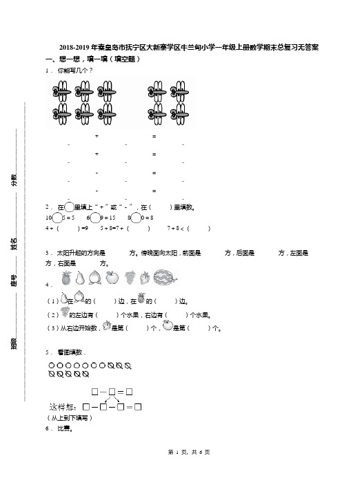 2018-2019年秦皇岛市抚宁区大新寨学区牛兰甸小学一年级上册数学期末总复习无答案