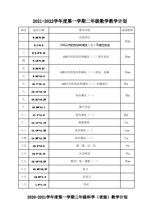 人教版二年级数学上册教学计划及备课安排表