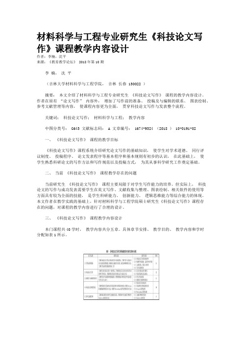 材料科学与工程专业研究生《科技论文写作》课程教学内容设计