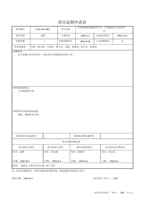 项目延期申请表(样本)