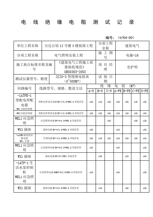 电线绝缘电阻测试记录