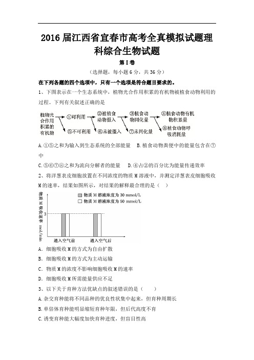 江西省宜春市2016届高三下期高考全真模拟试题理科综合生物试题 Word版含答案