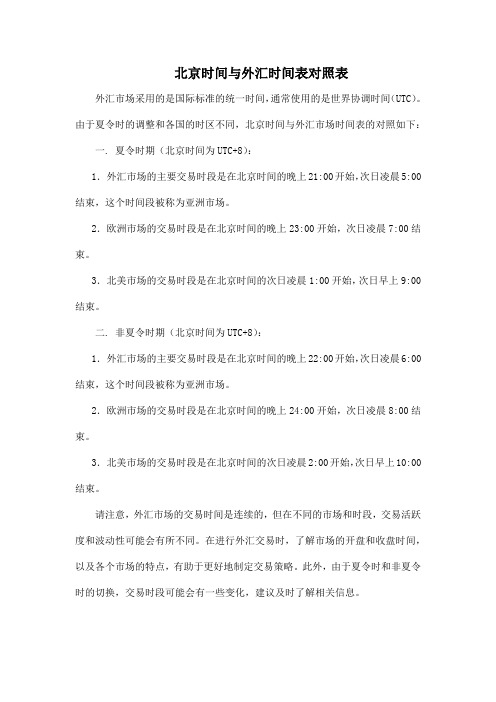 北京时间与外汇时间表对照表