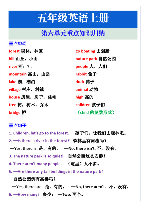 小学五年级英语上册第六单元重点知识归纳