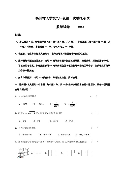 江苏省扬州中学教育集团树人学校2020届九年级5月模拟数学试题