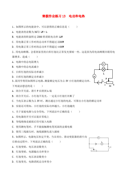 江苏省南京三中2020届九年级物理寒假作业试题(13) 新人教版