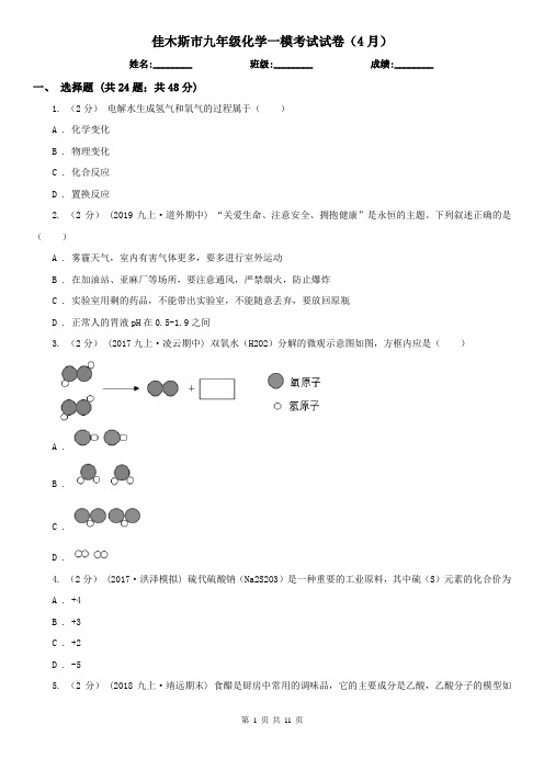 佳木斯市九年级化学一模考试试卷(4月)