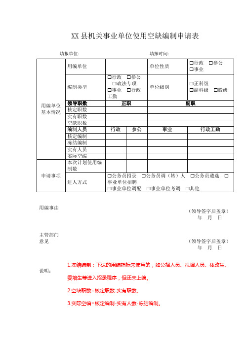 机关事业单位使用空缺编制申请表模板