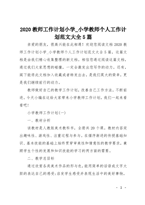 2020教师工作计划小学_小学教师个人工作计划范文大全5篇