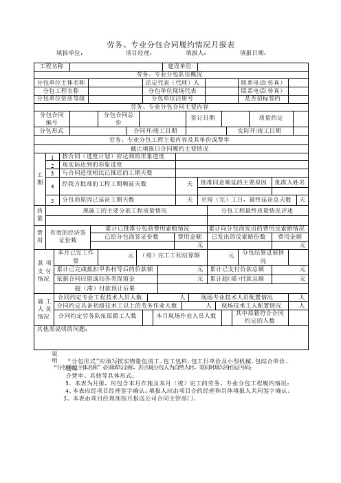 劳务、专业分包合同履约情况月报表