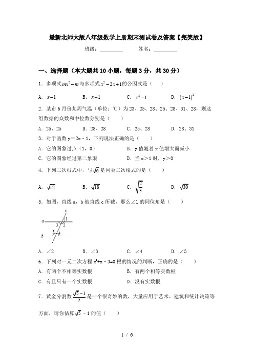 最新北师大版八年级数学上册期末测试卷及答案【完美版】