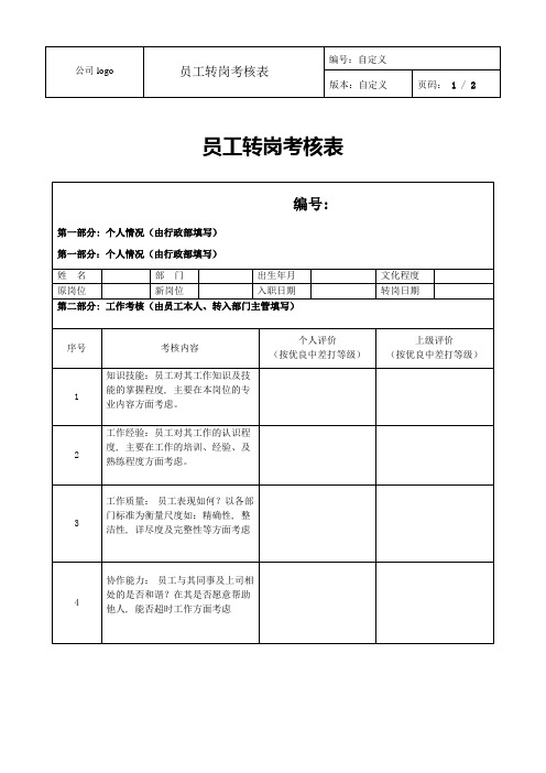 员工转岗考核表