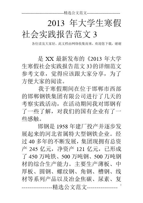 2013年大学生寒假社会实践报告范文3