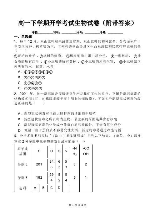 高一下学期开学考试生物试卷(附带答案)