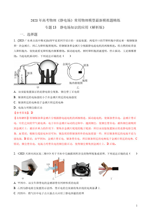 专题13静电场知识的应用-2023年高考物理电场常用模型模拟精练(解析版)