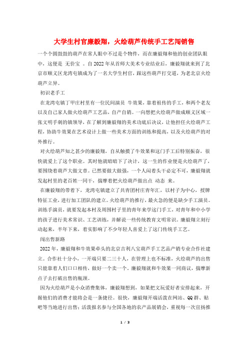 大学生村官廉毅翔,火绘葫芦传统手工艺闯销售