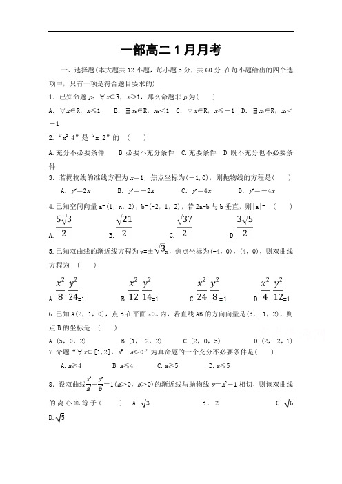 山东省淄博市高青县第一中学高二1月月考数学(理)试题