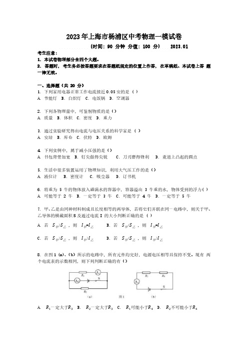2023年上海市杨浦区中考物理一模试卷(含答案)