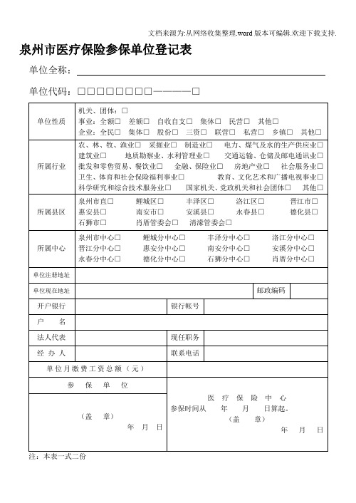 泉州市医疗保险参保单位登记表