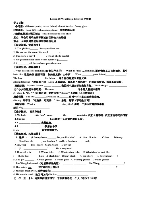 冀教版七年级英语上册(三年级起始版)Lesson 18 We all look different导学案
