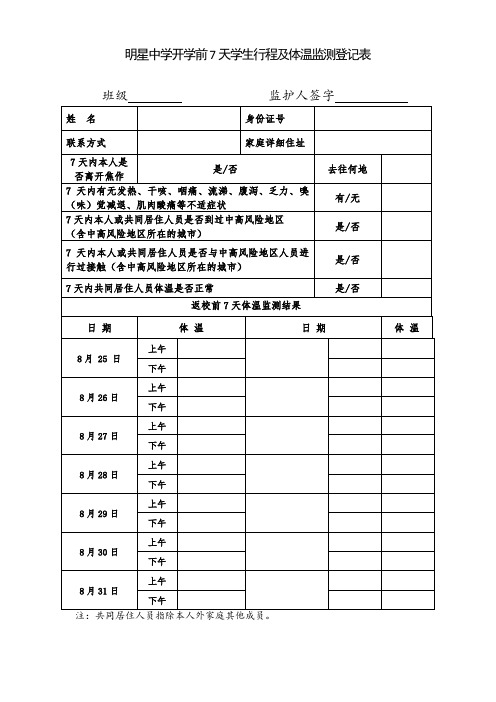 学生返校前7天体温监测表