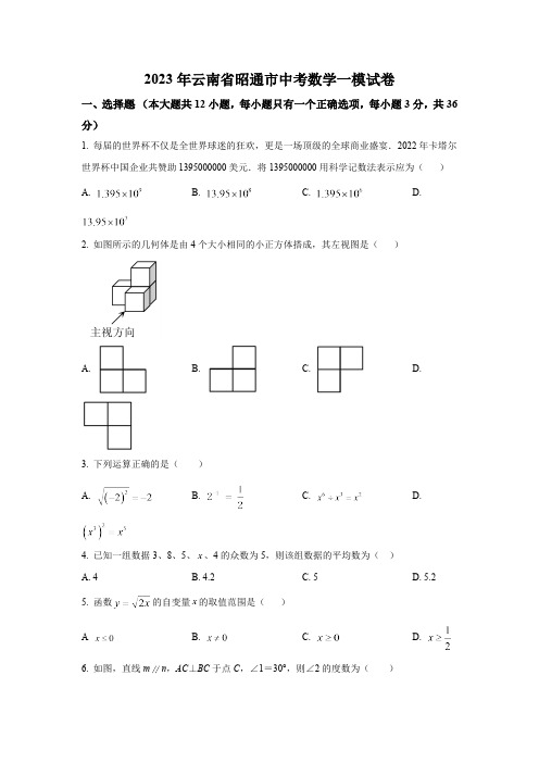 云南省昭通市2023届九年级下学期中考一模考试数学试卷(含解析)