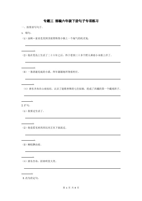 【部编人教版】六年级下册语文句子专项练习【含参考答案】