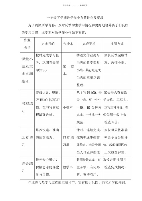 一年级下学期数学作业布置计划及要求