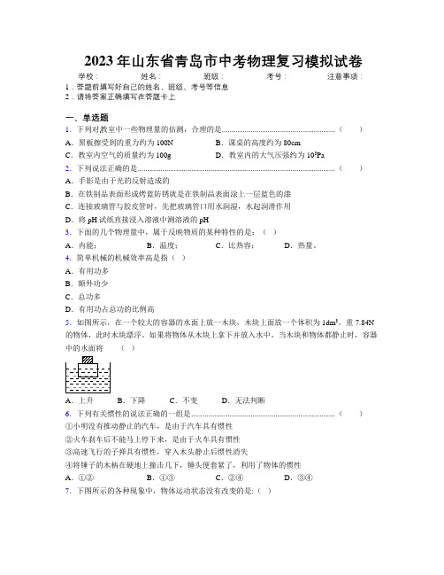 2023年山东省青岛市中考物理复习模拟试卷及解析